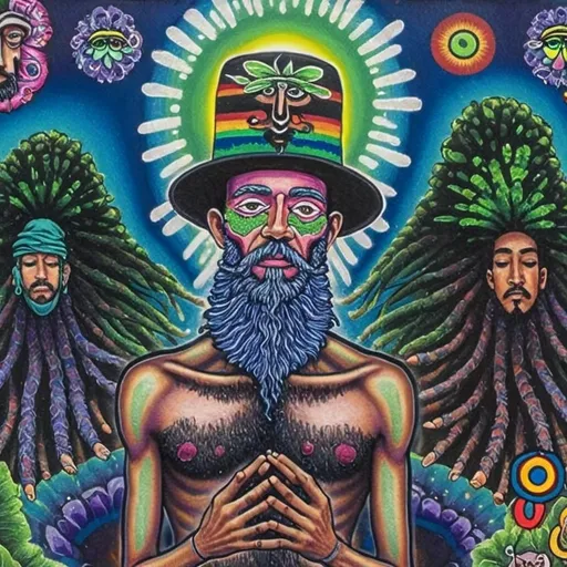 Prompt: Psychedelic painting of a man in a hat, vibrant and varied facial patterns, surreal surroundings, acrylic painting, psychedelic art, detailed facial features, intense colors, intricate patterns, surreal landscape, high quality, vibrant color palette, surrealism, detailed beard, psychedelic style, ethereal lighting
