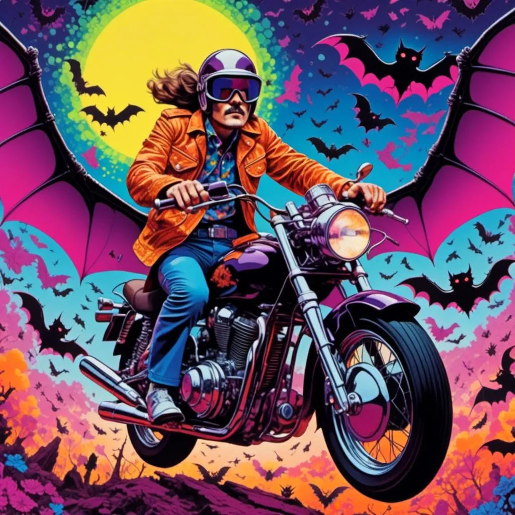 Prompt: psychedelic poster<mymodel>, retro, man on a motorbike, looks lie Quentin Tarantino chased by big black bats wearing night vision goggles.
