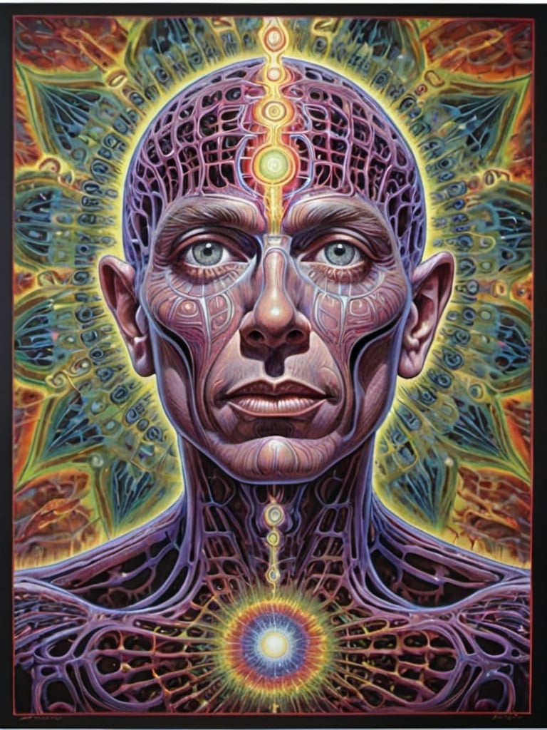 Prompt: a painting of a man , s, Alex Grey, psychedelic art, dmt, poster art