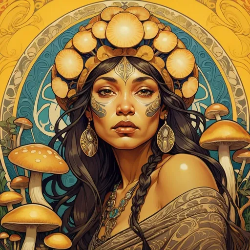 Prompt: Alphonse Mucha Style, art nouveau illustration of a  Maori dark skinner woman, enveloped by mushrooms, thick lines, intricate details, beautiful colors, vibrant yellow background, pop surrealism, inspired by Derek Zabrocki, , professional art style, high art quality, detailed facial features,  colorful and vibrant, surreal, , intricate patterns, bright color tones, atmospheric lighting