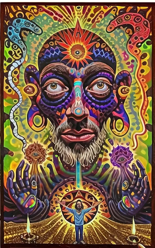 Prompt: Psychedelic portrait , face is a portal, vibrant colors, visionary art, intricate details, spiritual atmosphere, oil painting, high quality, poster art, DMT influence, intense energy, mind-expanding, spiritual journey, detailed eyes, vibrant surrealism, detailed brushwork, professional, atmospheric lighting