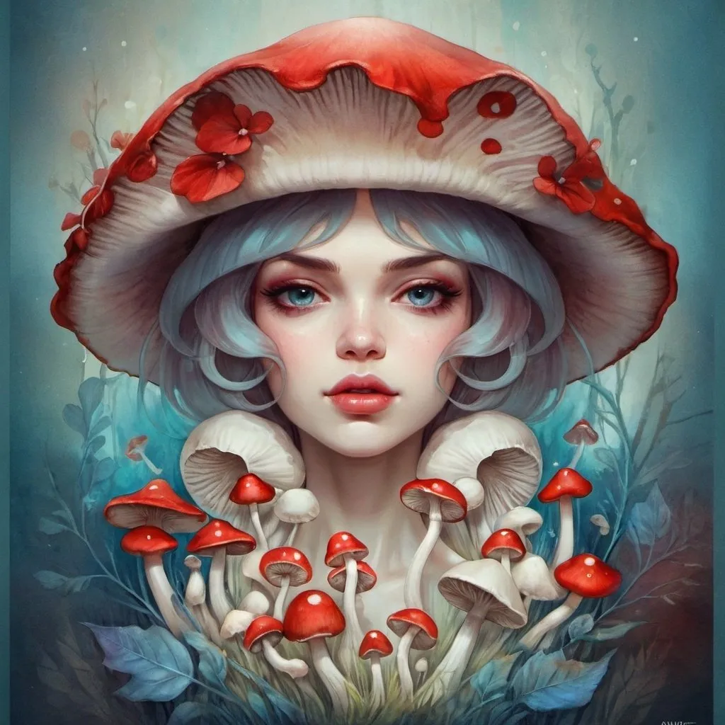 Prompt: a woman with a red hat and flowers on her head is standing in front of mushrooms and a blue background, Anna Dittmann, fantasy art, trending on art station, a fine art painting