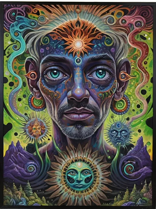 Prompt: Psychedelic portrait , vibrant colors, visionary art, intricate details, spiritual atmosphere, oil painting, high quality, poster art, DMT influence, intense energy, mind-expanding, spiritual journey, detailed eyes, vibrant surrealism, detailed brushwork, professional, atmospheric lighting