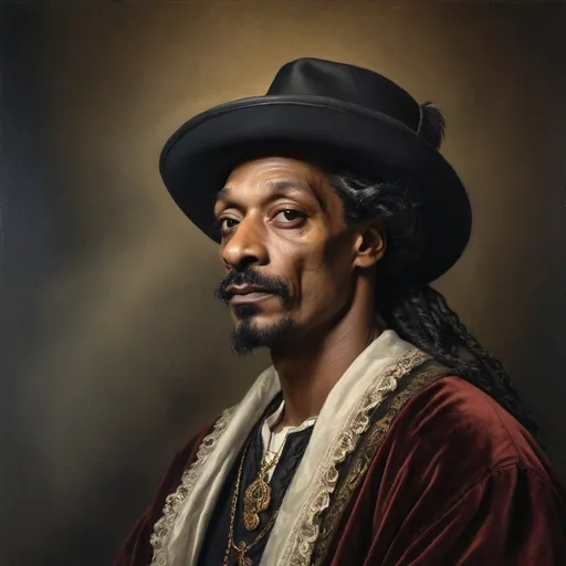 Prompt: Snoop dog as a Dutch Golden Age merchant in a Rembrandt-style oil painting, rich and dramatic lighting, intricate details, luxurious fabrics, expressive facial features, atmospheric, high quality, oil painting, Rembrandt style, Dutch Golden Age, Vincent Price, dramatic lighting, luxurious fabrics, intricate details, expressive facial features, professional