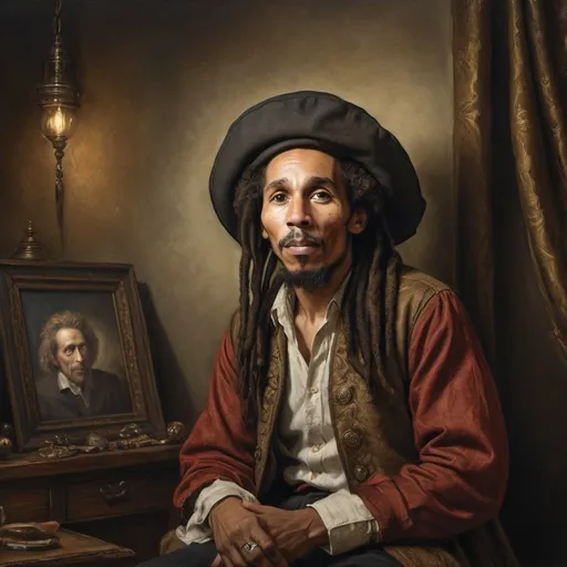 Prompt: bob Marley as a Dutch Golden Age merchant in a Rembrandt-style oil painting, rich and dramatic lighting, intricate details, luxurious fabrics, expressive facial features, atmospheric, high quality, oil painting, Rembrandt style, Dutch Golden Age, Vincent Price, dramatic lighting, luxurious fabrics, intricate details, expressive facial features, professional