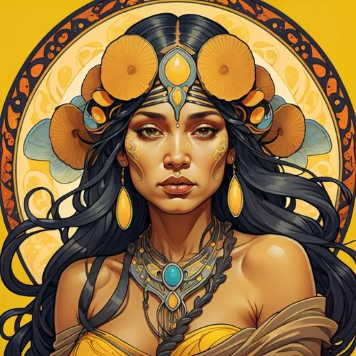 Prompt: Alphonse Mucha Style, art nouveau illustration of a  Maori dark skinner woman, enveloped by mushrooms, thick lines, intricate details, beautiful colors, vibrant yellow background, pop surrealism, inspired by Derek Zabrocki, , professional art style, high art quality, detailed facial features,  colorful and vibrant, surreal, , intricate patterns, bright color tones, atmospheric lighting