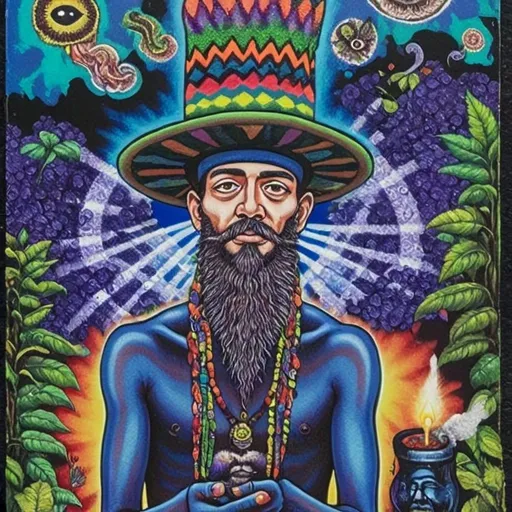 Prompt: Psychedelic painting of a man in a hat, vibrant and varied facial patterns, surreal surroundings, acrylic painting, psychedelic art, detailed facial features, intense colors, intricate patterns, surreal landscape, high quality, vibrant color palette, surrealism, detailed beard, psychedelic style, ethereal lighting