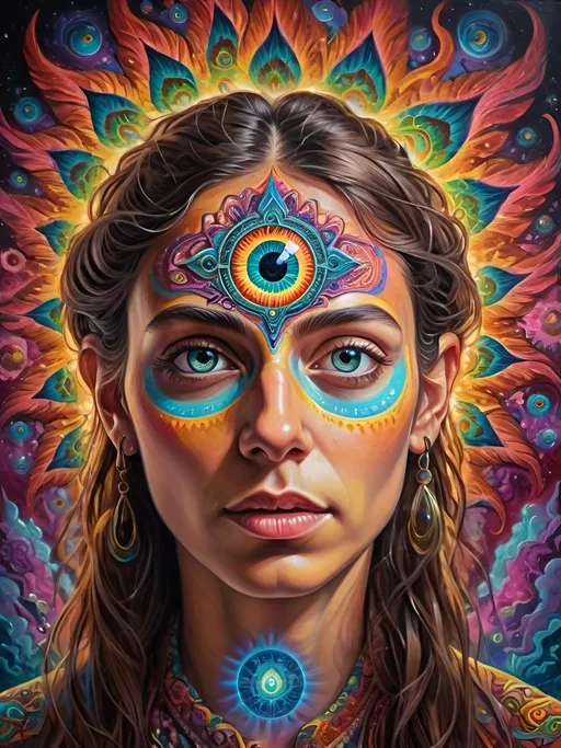 Prompt: Psychedelic portrait , vibrant colors, visionary art, intricate details, spiritual atmosphere, oil painting, high quality, poster art, DMT influence, intense energy, mind-expanding, spiritual journey, detailed eyes, vibrant surrealism, detailed brushwork, professional, atmospheric lighting