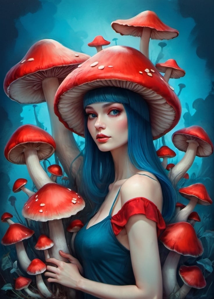 Prompt: a woman with a red mushroom hat  standing in front of mushrooms and a blue background, Anna Dittmann, fantasy art, trending on art station, a fine art painting