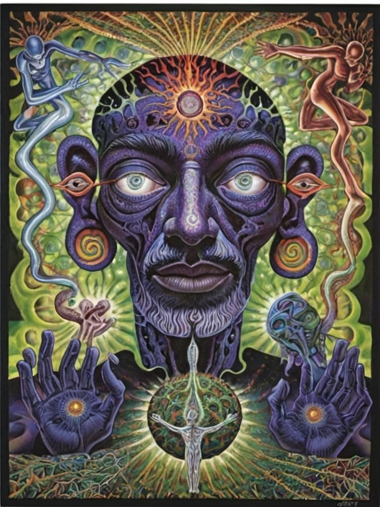 Prompt: a painting of a man , Alex Grey, psychedelic art, dmt, poster art