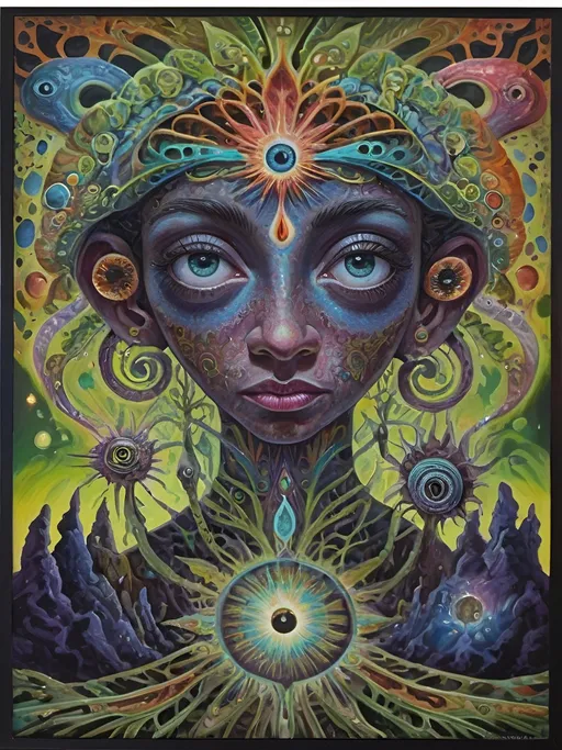 Prompt: Psychedelic portrait , vibrant colors, visionary art, intricate details, spiritual atmosphere, oil painting, high quality, poster art, DMT influence, intense energy, mind-expanding, spiritual journey, detailed eyes, vibrant surrealism, detailed brushwork, professional, atmospheric lighting