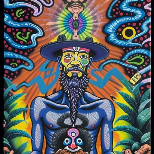 Prompt: Psychedelic painting of a man in a hat, vibrant and varied facial patterns, surreal surroundings, acrylic painting, psychedelic art, detailed facial features, intense colors, intricate patterns, surreal landscape, high quality, vibrant color palette, surrealism, detailed beard, psychedelic style, ethereal lighting