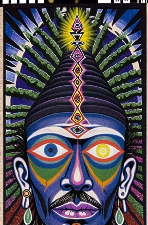 Prompt: a drawing of a man with a head full of eyes and a third eye in the center of the image, Alex Grey, psychedelic art, sacred geometry, a detailed drawing