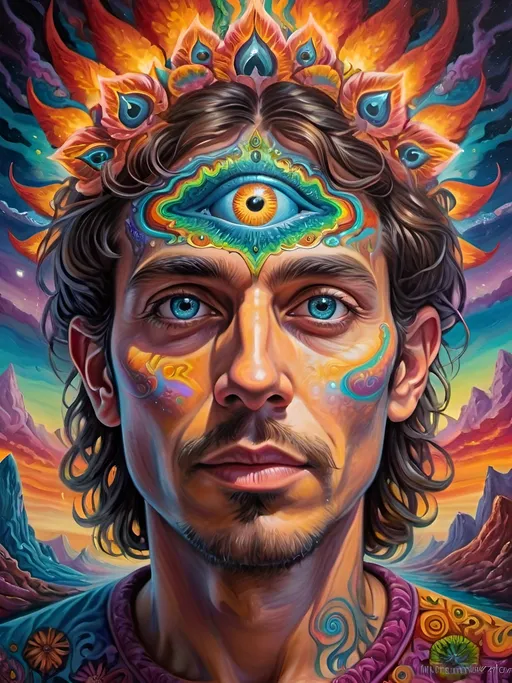 Prompt: Psychedelic portrait , vibrant colors, visionary art, intricate details, spiritual atmosphere, oil painting, high quality, poster art, DMT influence, intense energy, mind-expanding, spiritual journey, detailed eyes, vibrant surrealism, detailed brushwork, professional, atmospheric lighting