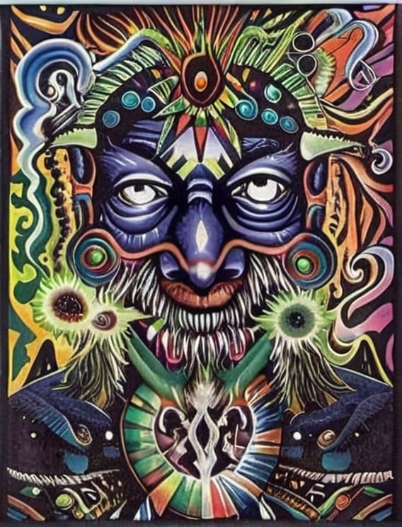 Prompt: a painting of a man with a beard and a face with many different colors and shapes on it, , Alex Grey, psychedelic art, dmt, poster art