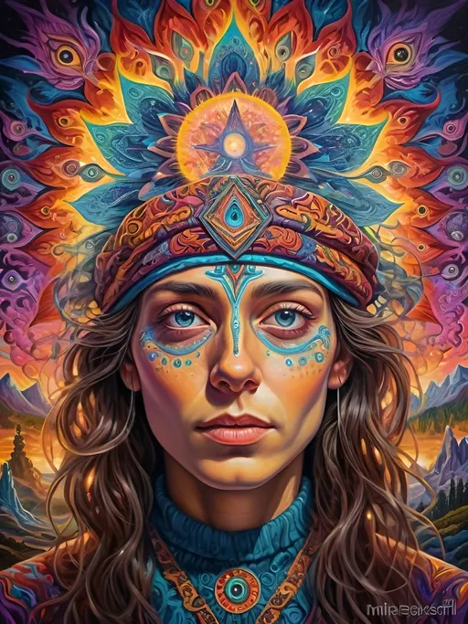 Prompt: Psychedelic portrait , vibrant colors, visionary art, intricate details, spiritual atmosphere, oil painting, high quality, poster art, DMT influence, intense energy, mind-expanding, spiritual journey, detailed eyes, vibrant surrealism, detailed brushwork, professional, atmospheric lighting