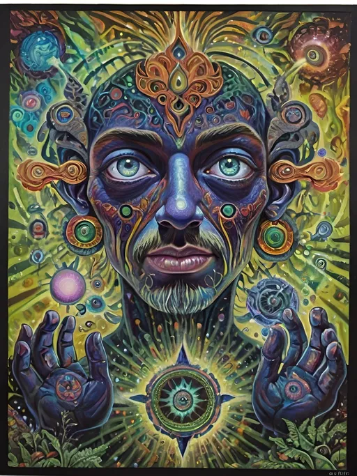 Prompt: Psychedelic portrait , vibrant colors, visionary art, intricate details, spiritual atmosphere, oil painting, high quality, poster art, DMT influence, intense energy, mind-expanding, spiritual journey, detailed eyes, vibrant surrealism, detailed brushwork, professional, atmospheric lighting