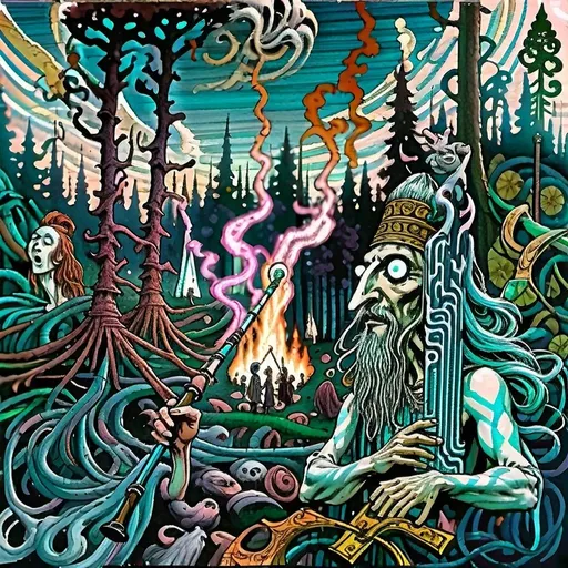 Prompt: a painting of a man with a long pipe and other people around him in a forest with a fire and a city, Anato Finnstark, psychedelic art, elden ring, an album cover