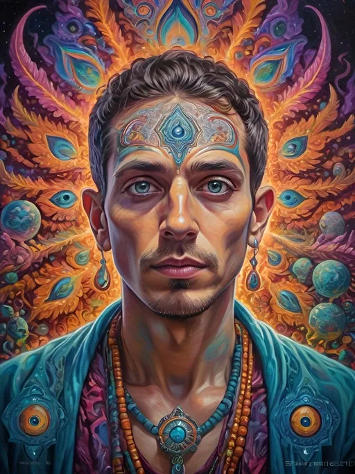 Prompt: Psychedelic portrait , vibrant colors, visionary art, intricate details, spiritual atmosphere, oil painting, high quality, poster art, DMT influence, intense energy, mind-expanding, spiritual journey, detailed eyes, vibrant surrealism, detailed brushwork, professional, atmospheric lighting