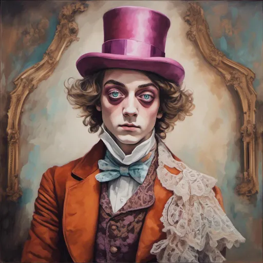 Prompt: <mymodel>Victorian willywonka, fear and loathing in Las Vegas style, portrait, oil painting, ornate Victorian attire, intricate lace details, elegant posture, detailed facial features, vintage ambiance, high quality, realistic, oil painting, detailed eyes, soft color palette, warm and soft lighting