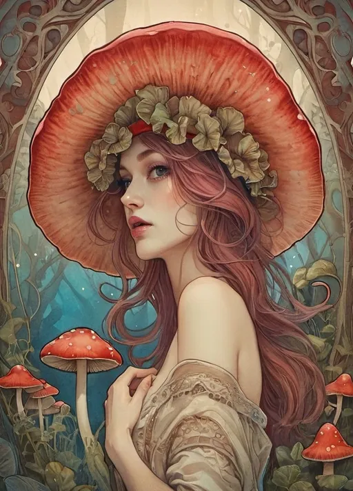Prompt: a woman with a red mushroom hat  standing in front of mushrooms and a blue background, Anna Dittmann, fantasy art, trending on art station, a fine art painting