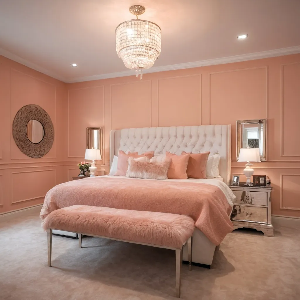 Prompt: peach fuzz colored luxurious bed room interior