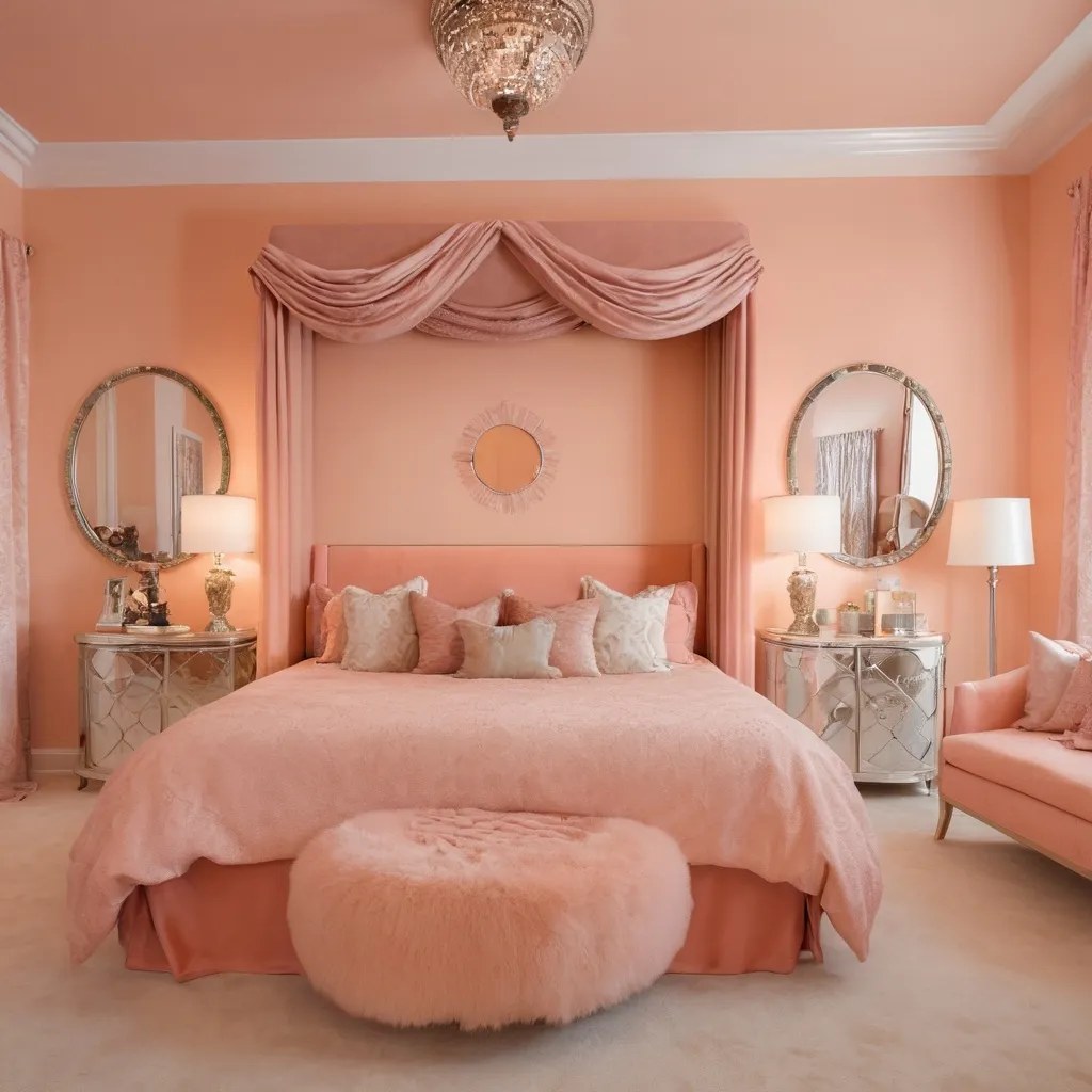 Prompt: peach fuzz colored luxurious bed room interior