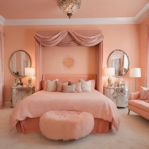 Prompt: peach fuzz colored luxurious bed room interior