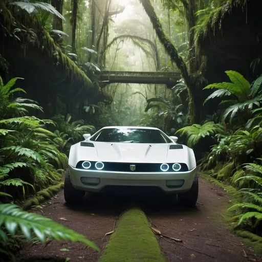 Prompt: futuristic jdm car running through rainforest