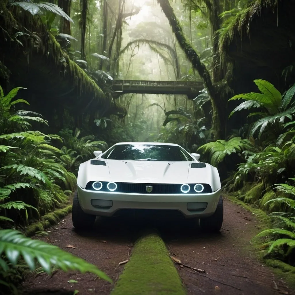 Prompt: futuristic jdm car running through rainforest