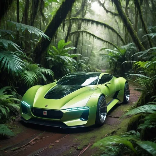 Prompt: futuristic jdm car running through rainforest