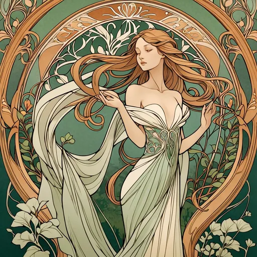 Prompt: Graceful, elongated female figures with flowing hair and gowns, set against detailed backgrounds filled with organic lines and natural elements. Emphasizes the movement and elegance characteristic of Art Nouveau, evoking a sense of timeless beauty and harmony with nature.