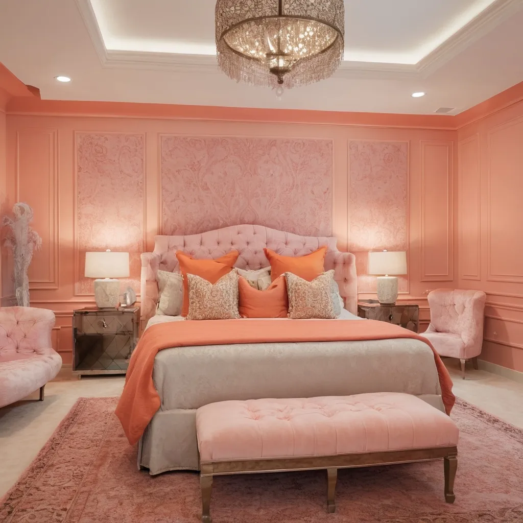 Prompt: peach fuzz colored luxurious bed room interior