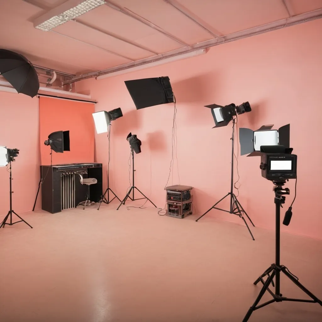 Prompt: peach fuzz colored camera studio room interior