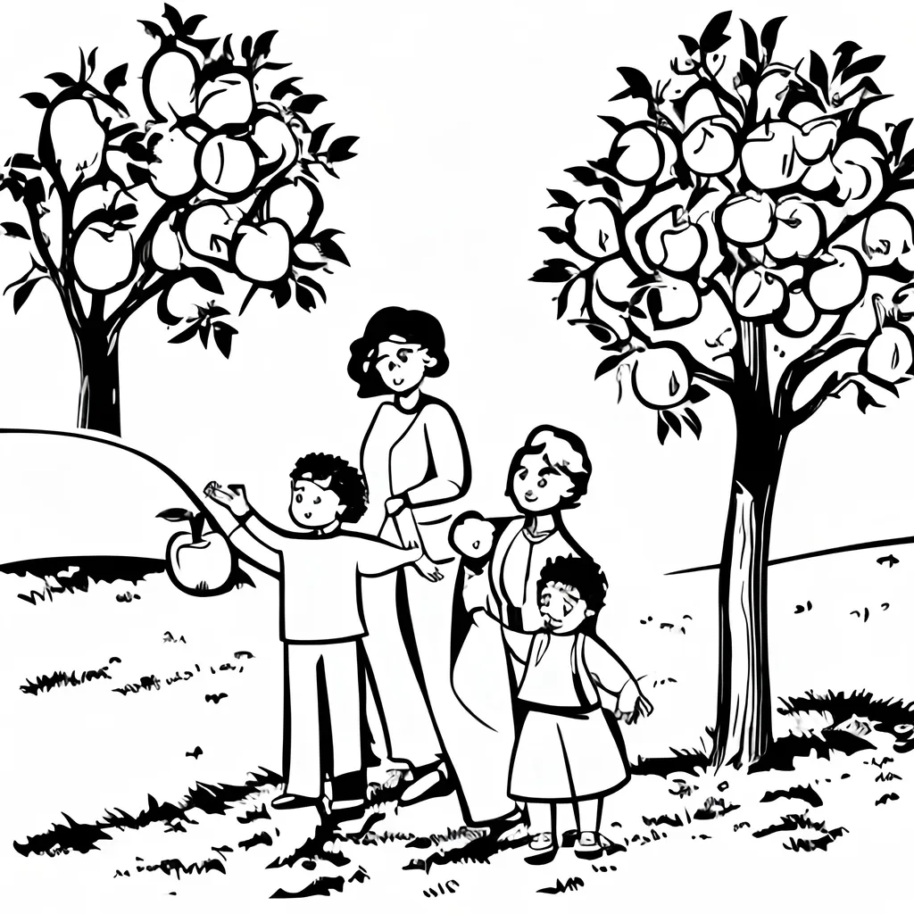 Prompt: A black and white outline of a family picking apples, with a white background.