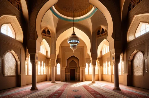 Prompt: Beautifully old mosque interior showcasing the rich heritage of Arab-Islamic architecture, featuring intricately decorated walls adorned with mesmerizing arabesque patterns and calligraphic inscriptions of Quranic verses. The high vaulted ceilings, embellished with ornate muqarnas and geometric motifs, gracefully support magnificent crystal chandeliers that cast a warm, golden glow. Sunlight filters softly through stained glass windows, creating a captivating interplay of light and shadow on the polished marble floors and elaborately carved wooden doors. The mihrab, adorned with fine mosaic tiles and delicate floral designs, stands as the spiritual heart of the space, while the minbar showcases exquisite woodwork and mother-of-pearl inlays. The atmosphere is serene and tranquil, inviting deep reflection and peace, encapsulating the profound artistry and spirituality of Islamic civilization. Ultra-detailed, 4K, capturing the timeless elegance and grandeur of historic mosques that continue to inspire awe and reverence.