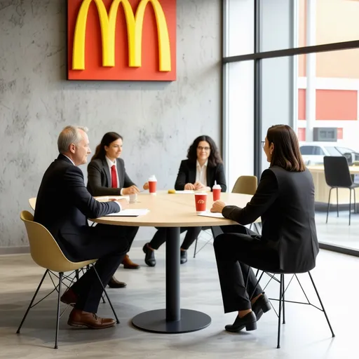 Prompt: A business meeting in a mcdonalds
