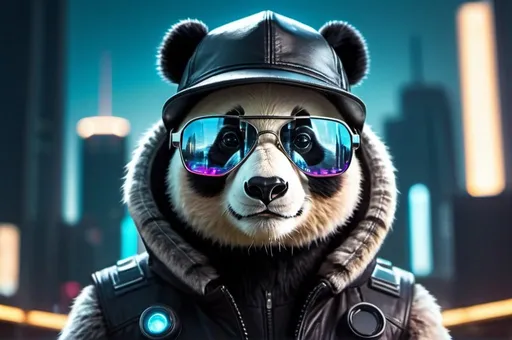 Prompt: Futuristic-sci-fi panda bear wearing a stylish hat and cool glasses, detailed fur with futuristic reflections, intense and focused gaze, high-tech accessories, urban cyberpunk setting, futuristic cityscape in the background, best quality, ultra-detailed, sleek design, professional, cool tones, cyberpunk, detailed eyes, atmospheric lighting, stylish hat, cool glasses, highres, sci-fi
