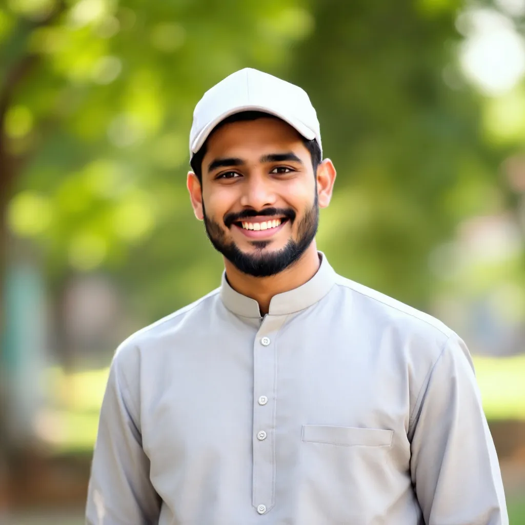 Prompt: Dressed in a light gray kurta and a white cap, a young man stands confidently in an outdoor setting, exuding a warm smile that highlights his friendly demeanor. The background features soft greenery and blurred outlines of structures, suggesting a tranquil atmosphere, perhaps in a park or garden. With his left hand resting on the front of his kurta, he presents a relaxed yet poised posture, while the sunlight illuminates his face, creating a cheerful and inviting mood. The overall composition focuses on his joyful expression against the gentle textures of nature and architecture, giving the scene a sense of ease and positivity.