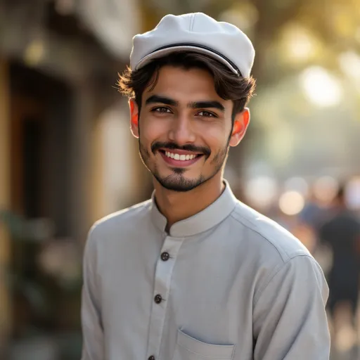 Prompt: Dressed in a light gray kurta and a white cap, a young man stands confidently in an outdoor setting, exuding a warm smile that highlights his friendly demeanor. The background features soft greenery and blurred outlines of structures, suggesting a tranquil atmosphere, perhaps in a park or garden. With his left hand resting on the front of his kurta, he presents a relaxed yet poised posture, while the sunlight illuminates his face, creating a cheerful and inviting mood. The overall composition focuses on his joyful expression against the gentle textures of nature and architecture, giving the scene a sense of ease and positivity.