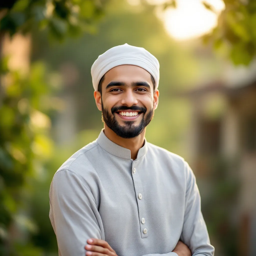 Prompt: Dressed in a light gray kurta and a white cap, a young man stands confidently in an outdoor setting, exuding a warm smile that highlights his friendly demeanor. The background features soft greenery and blurred outlines of structures, suggesting a tranquil atmosphere, perhaps in a park or garden. With his left hand resting on the front of his kurta, he presents a relaxed yet poised posture, while the sunlight illuminates his face, creating a cheerful and inviting mood. The overall composition focuses on his joyful expression against the gentle textures of nature and architecture, giving the scene a sense of ease and positivity.