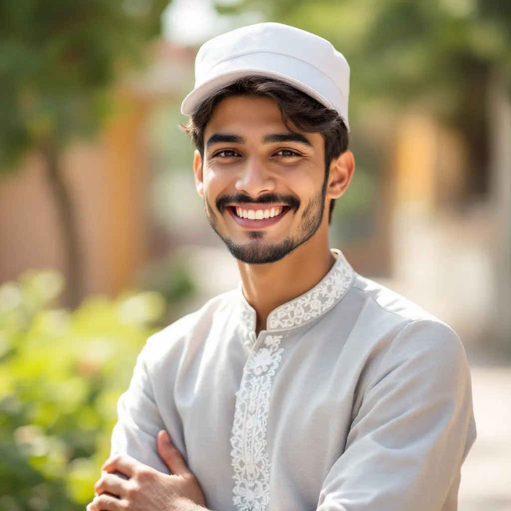 Prompt: Dressed in a light gray kurta and a white cap, a young man stands confidently in an outdoor setting, exuding a warm smile that highlights his friendly demeanor. The background features soft greenery and blurred outlines of structures, suggesting a tranquil atmosphere, perhaps in a park or garden. With his left hand resting on the front of his kurta, he presents a relaxed yet poised posture, while the sunlight illuminates his face, creating a cheerful and inviting mood. The overall composition focuses on his joyful expression against the gentle textures of nature and architecture, giving the scene a sense of ease and positivity.