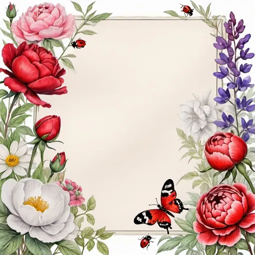 Prompt: blank lined paper with flowers red, black and white roses, peony,lupine, daises, ladybug, muschroms araund the border, watercolor background, multicolor, detaided, realysty, 3D, capturing their elegance and realism, ultrahighrealistic, efect beautiful light