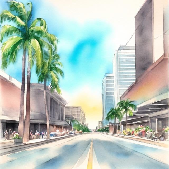 Prompt: Road thru downtown Honolulu watercolour 