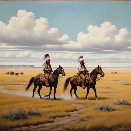 Prompt: 2 Indian men riding horses on the prairie with búffalo in distance and "Indian Heritage Day" written on sign posted on ground oil painting