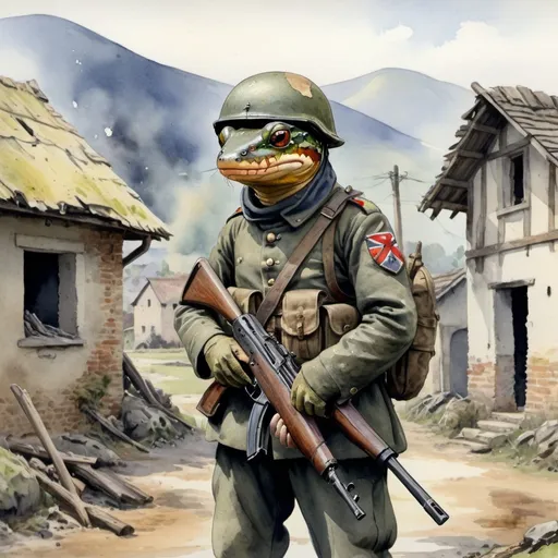 Prompt: Salamander wearing combat uniform, Helmet and holding a rifle with War torn village in background watercolour  