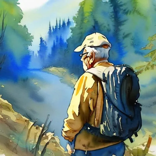 Prompt: Old Man holding a camera dressed in hiking outfit in the Woods watercolour 