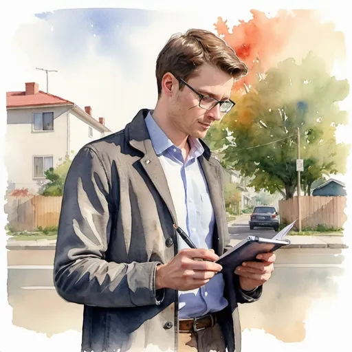 Prompt: profile of Male Reporter taking notes on pad he is holding with neighborhood in distance watercolour 