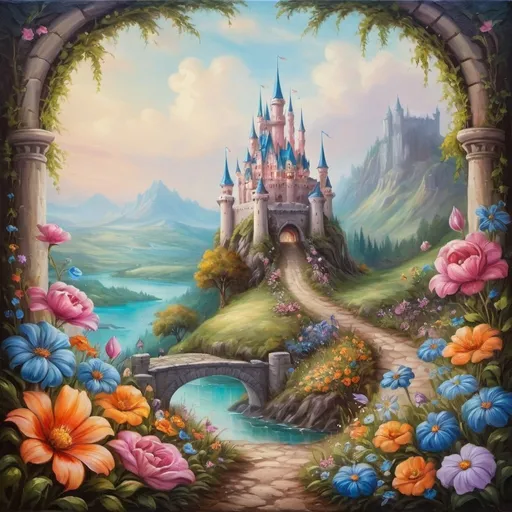 Prompt: Floral border around a fantasy land with castles and fairies oil painting 