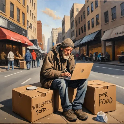 Prompt: "will Prompt for food" written on cardboard box that a homeless man is sitting on with laptop in lap in a busy evenjng city background oil painting 